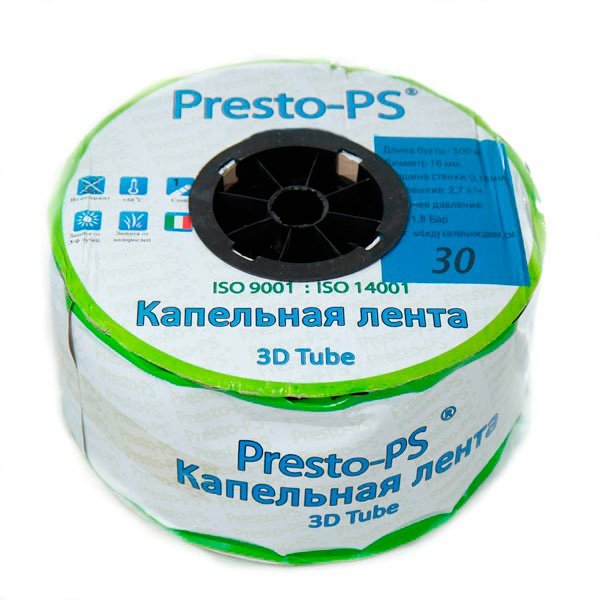 Капельная лента Presto-PS эмиттерная 3D Tube капельницы через 30 см, расход 2.7 л/ч, длина 500 м (3D-30-500)