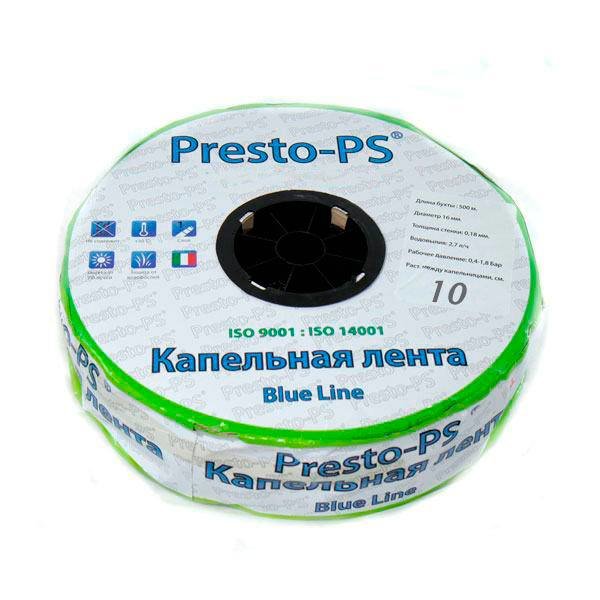 Капельная лента Presto-PS щелевая Blue Line отверстия через 10 см, расход воды 2,2 л/ч, длина 500 м (BL-10-500)