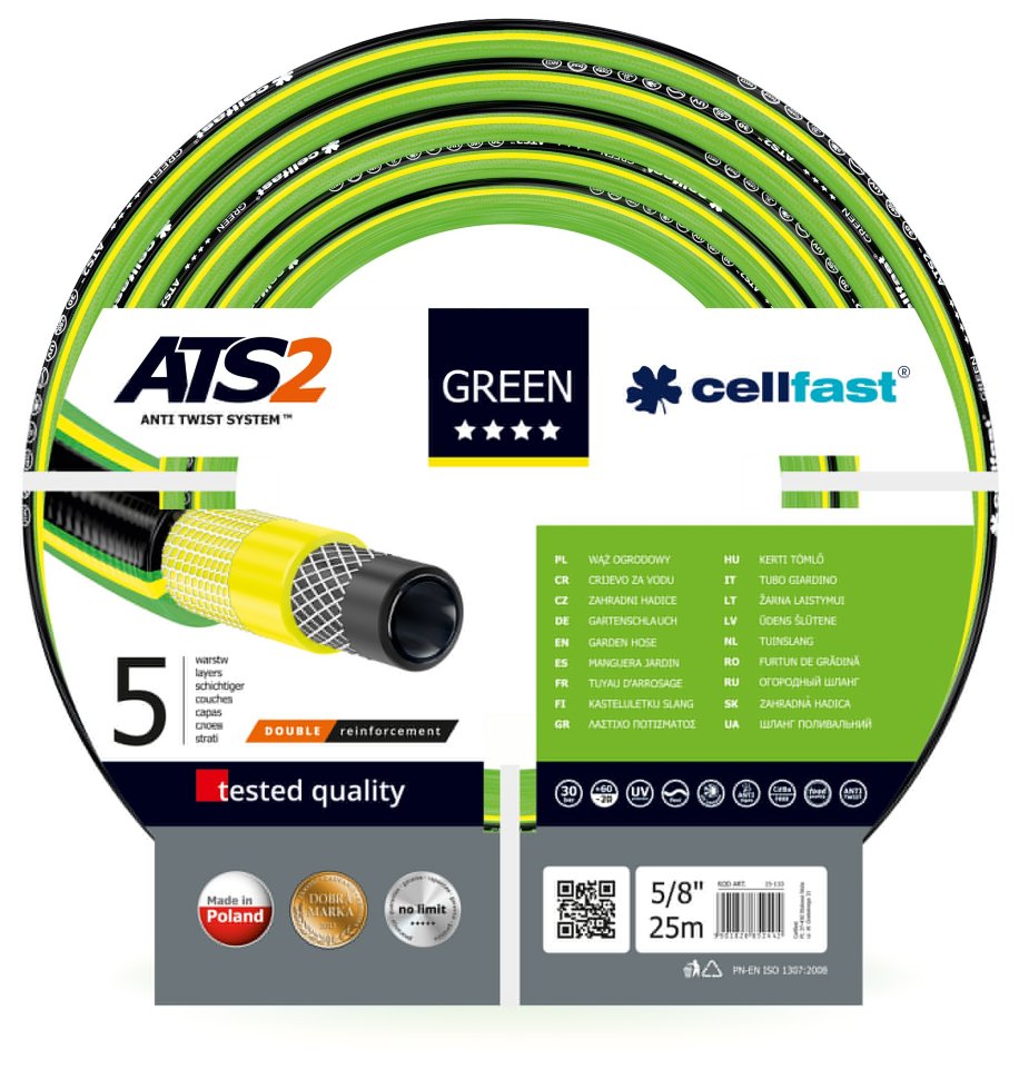 Шланг садовый Cellfast Green ATS2 для полива диаметр 5/8 дюйма, длина 25 м (GR 5/8 25)